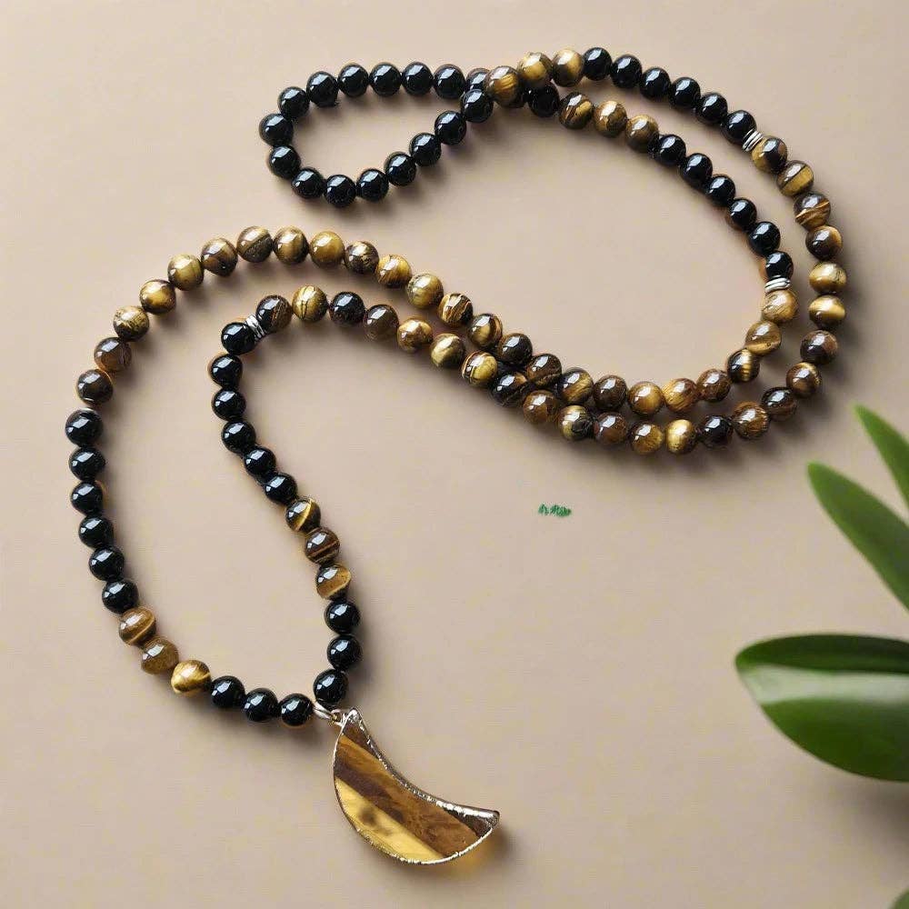 Harmony Mala – wholesale Beaded/pearl necklace – Black Onyx and Tiger Eye Moon Pendant Mala Bead Necklace 4