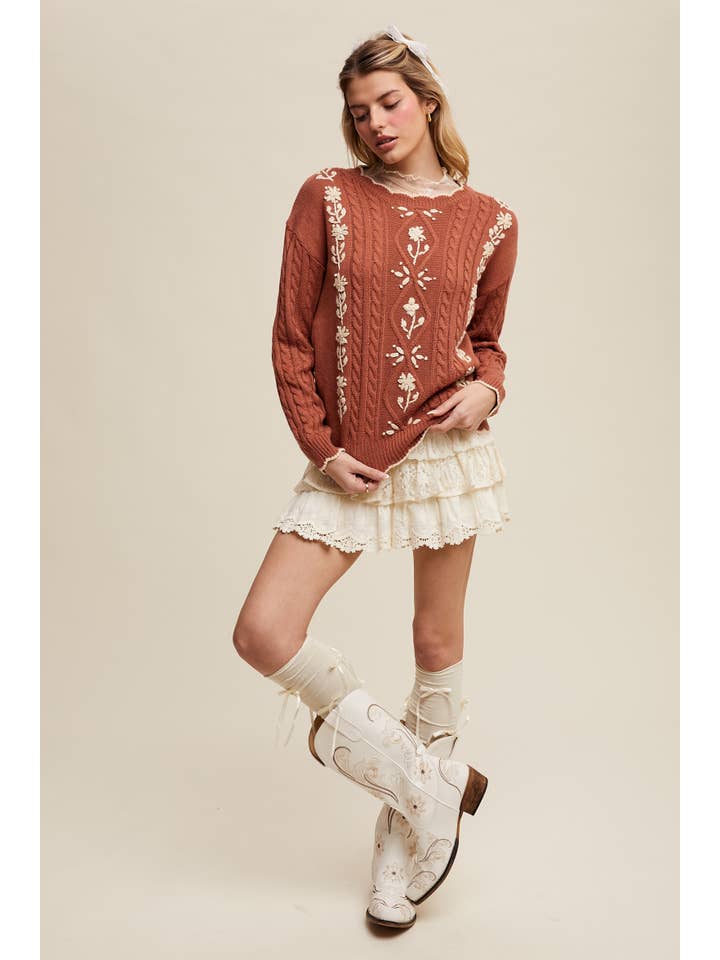 Listicle - Wholesale Pullover-trui - Dames - Gebreide Trui met Bloemenborduursel en Kabelpatroon11