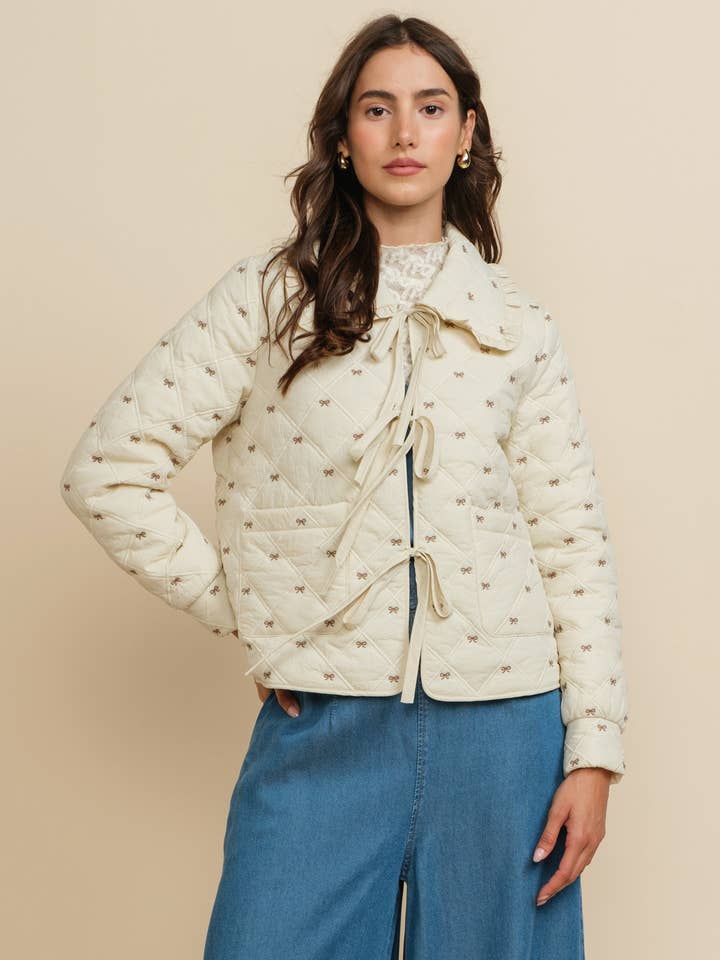 A & SHE - Wholesale Jacket - Women's - Quilted Embroidered Bow Tie Front Jacket with Ruffle Collar1