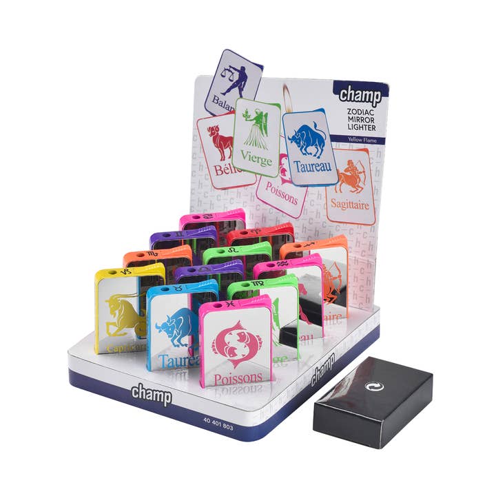 Présentoir 12 BRIQUETS SIGNE ASTROLOGIQUE ZODIAQUE RECHARGE pour la vente par Champ by Polyflame