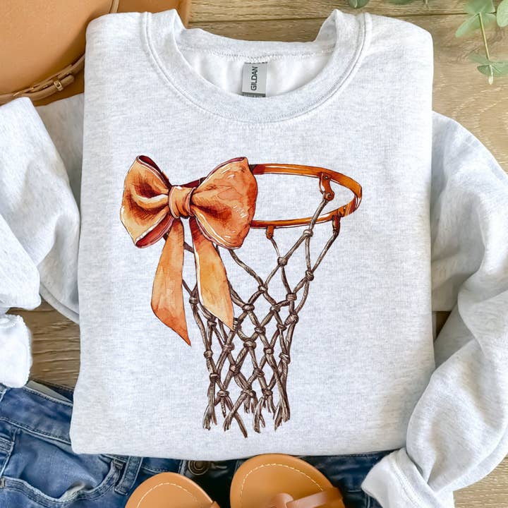 Under The Lights Designs - Wholesale Graphic Sweatshirt - Women's - Basketball with Bow Crewneck Sweatshirt