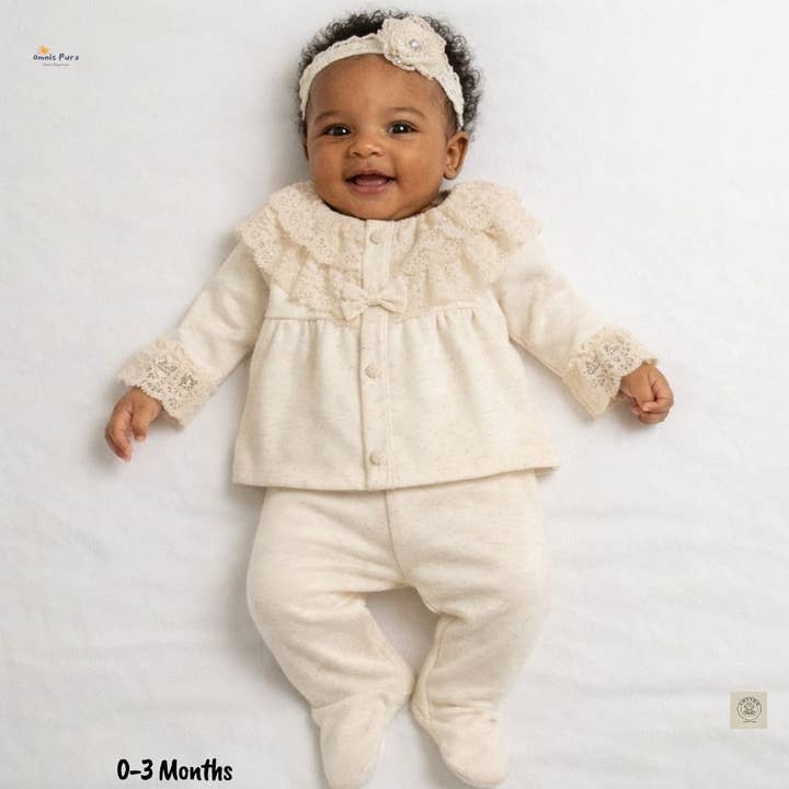 Baby Girl Glitter Lace 3-Piece Set|Cream Ruffled Top& Pants for wholesale by Omnis Pura