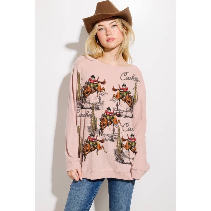 Camisola de manga comprida com estampa de cowboy ocidental com nervura escovada por atacado de Phil Love