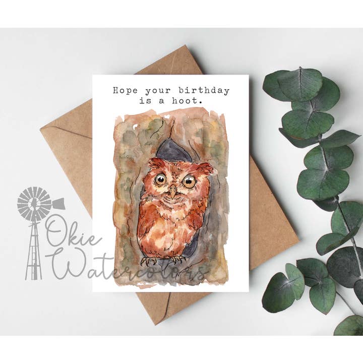 Screech Owl "Hope Your Birthday is a Hoot." 5x7" Card for wholesale by Okie Watercolors