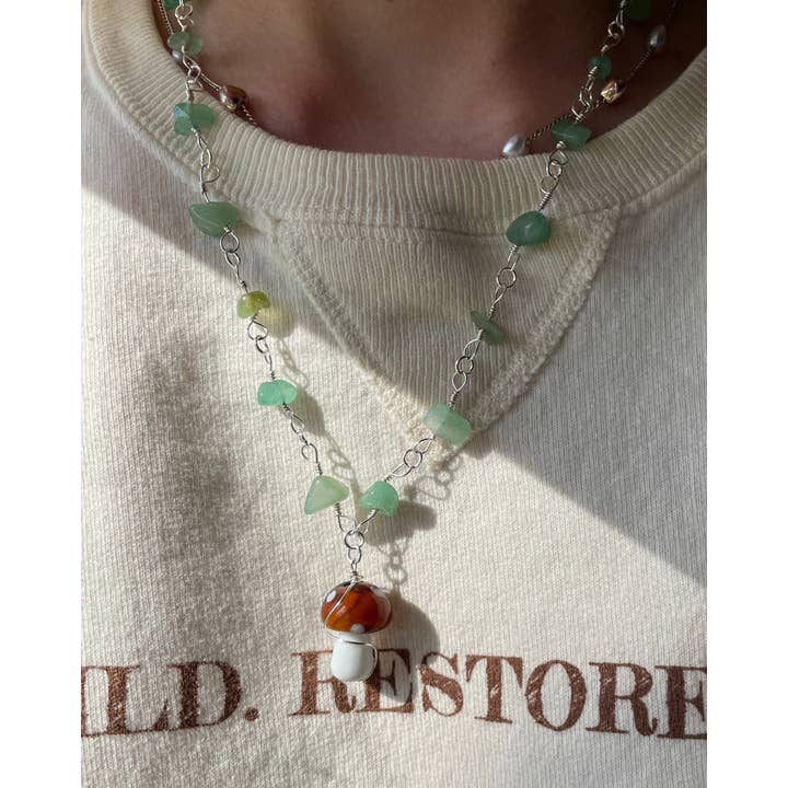 Mushroom charm gemstone wire necklace | Nature jewelry | Fairycore jewelry | Mushroom jewelry for wholesale by ThroughTheWatersCo