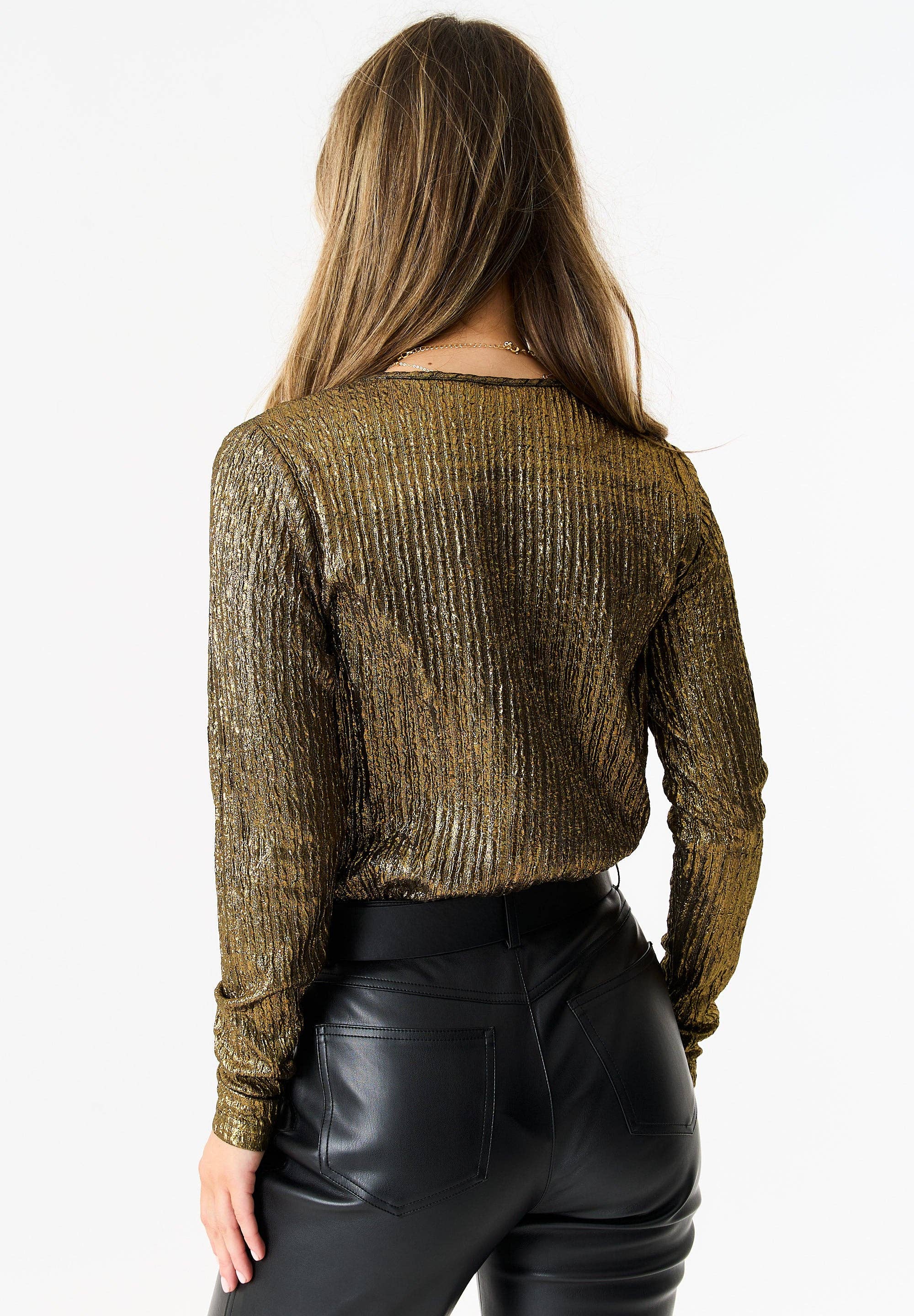 GINI LONDON – wholesale Bodysuit – Women’s – Golden Metallic Plisse Wrap Front Bodysuit3