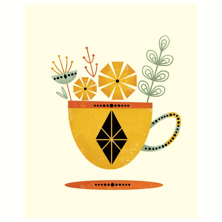 Impression d'art de tasse de thé pour deux jaunes pour la vente par Amber Leaders Designs