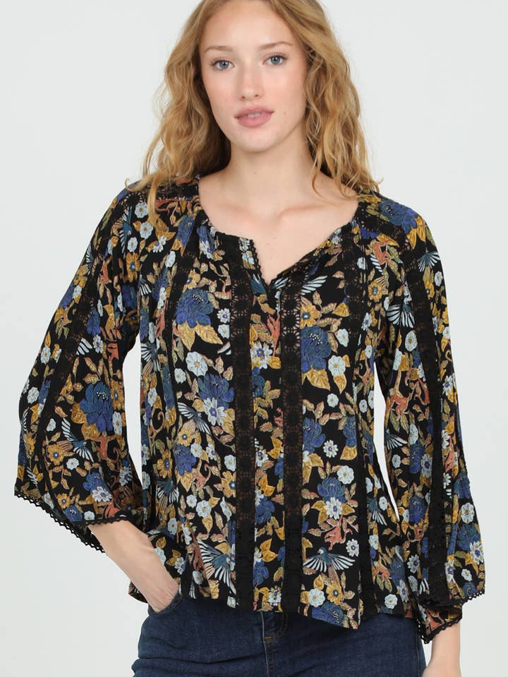 F2998-A882 V NECK LACE INSET WIDE SLEEVE PRINTED BLOUSE for wholesale by ANGIE