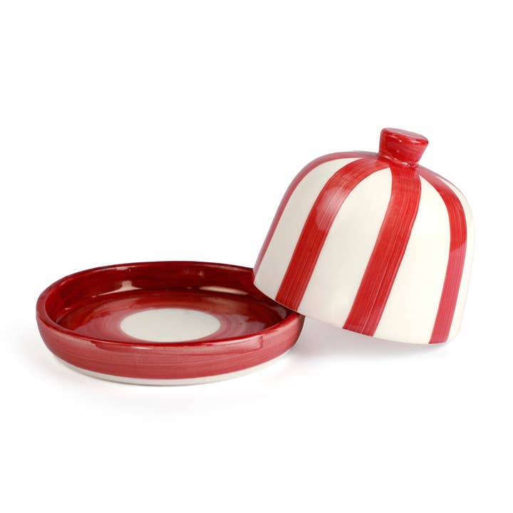 Casa Amarosa - Wholesale Butter Dish - Ceramic Striped Butter Dish - Red , 5 x 5.5 Inches1