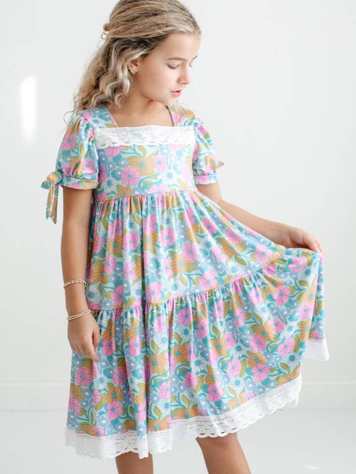 Kids Vintage Floral & Lace Tiered Square Neck Spring Dress for wholesale by Oopsie Daisy
