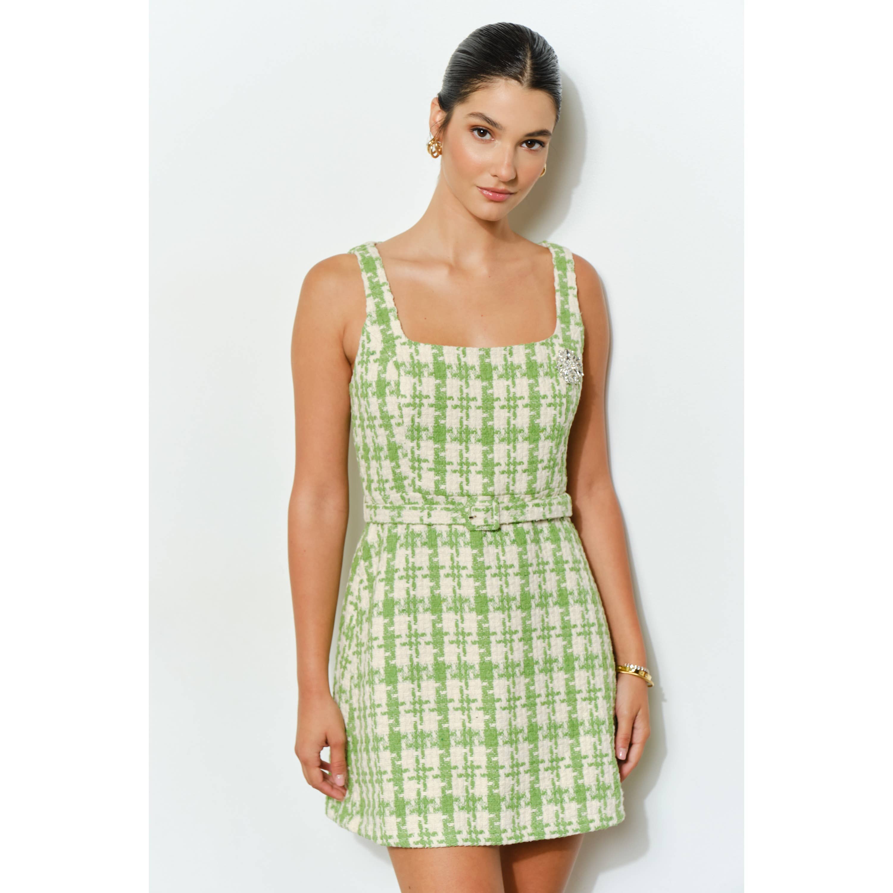 INA - Wholesale Dress - Women's - Check Tweed Brooch Detail Belted Mini Dress17