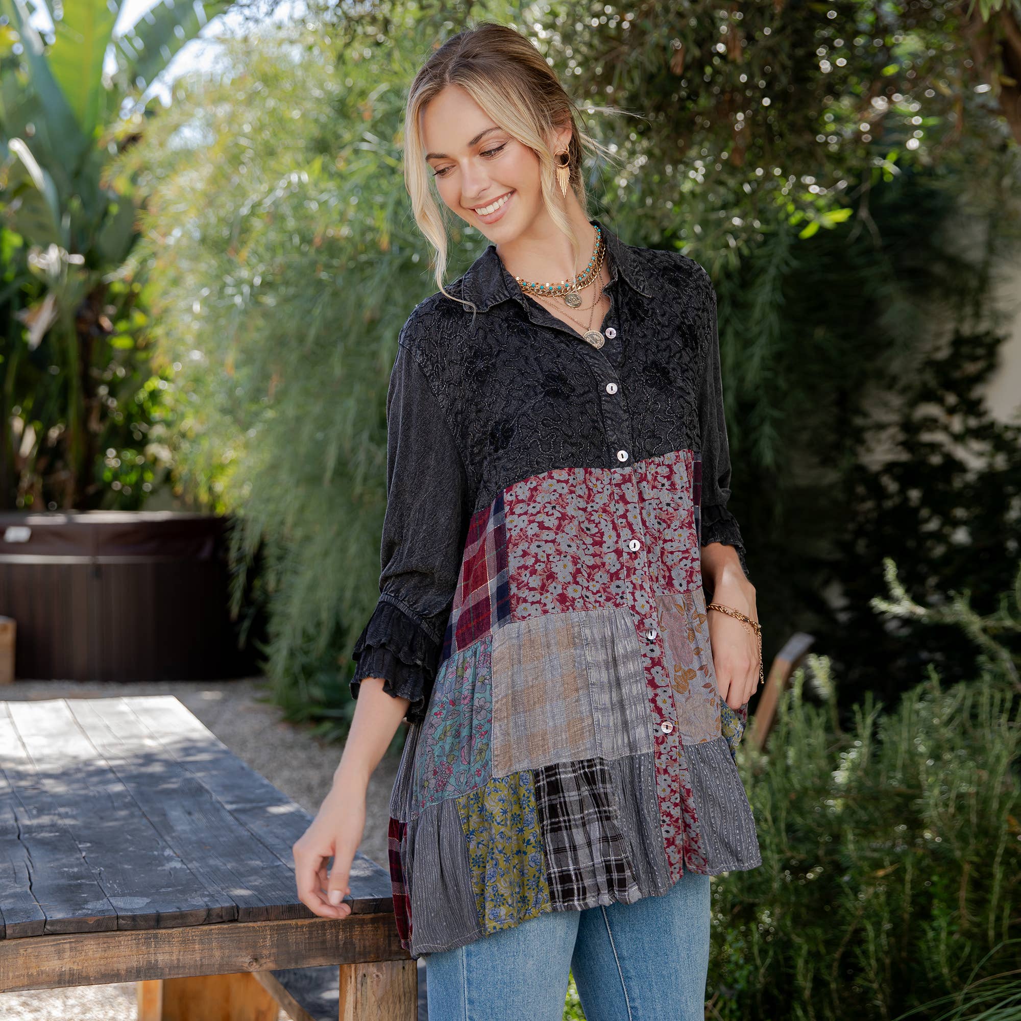 Young Threads - Wholesale Blouse - Women's - Western Denim Yoke Patchwork Tiered Tunic Top (New Color)24