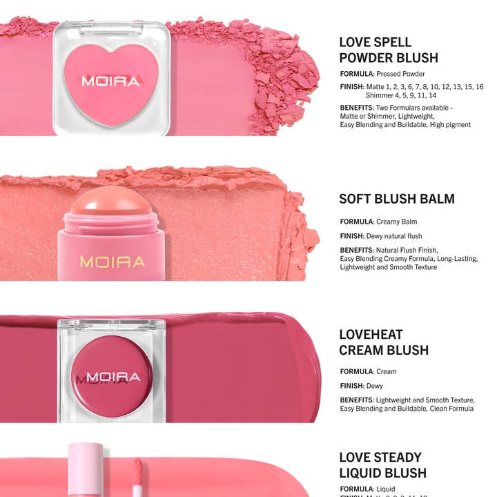 Moira Cosmetics - Wholesale Blush - Moira Makeup Display Love Spell powder Blush (009-016) 32pc