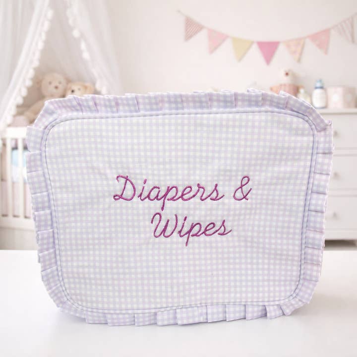 Embroidered Diaper & Wipes Zipper Pouch with Ruffle Trim for wholesale by Sunday West Designs