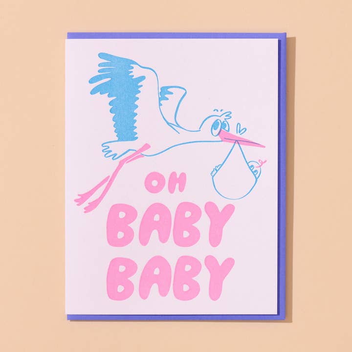 Oh Baby Baby Stork Letterpress BabyCard Love Card- Made in USA for wholesale by And Here We Are