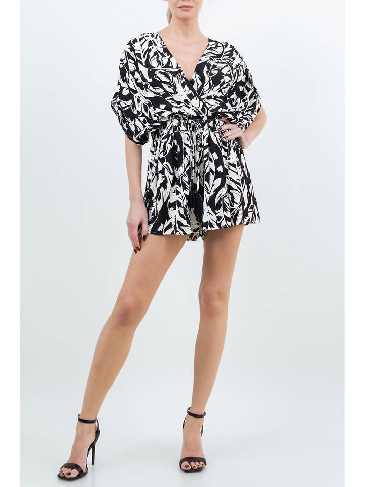 PRINTED V-NECK SHORT SLEEVE ELASTIC TIE WAIST for wholesale by FashionShowcase