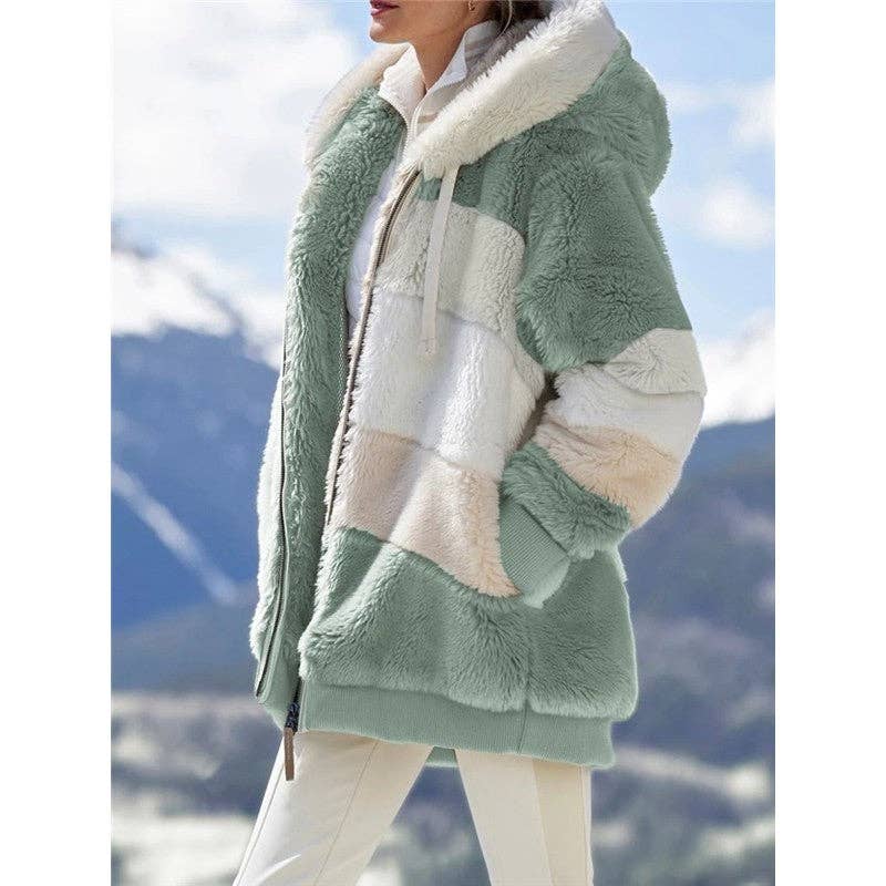 Ekartini - Vendita all'ingrosso Pelliccia/Pelliccia sintetica - Donna - Giacca invernale da donna alla moda in peluche patchwork con tasca con cerniera Giacca invernale con cappuccio Cappotto a maniche lunghe allentato retrò6