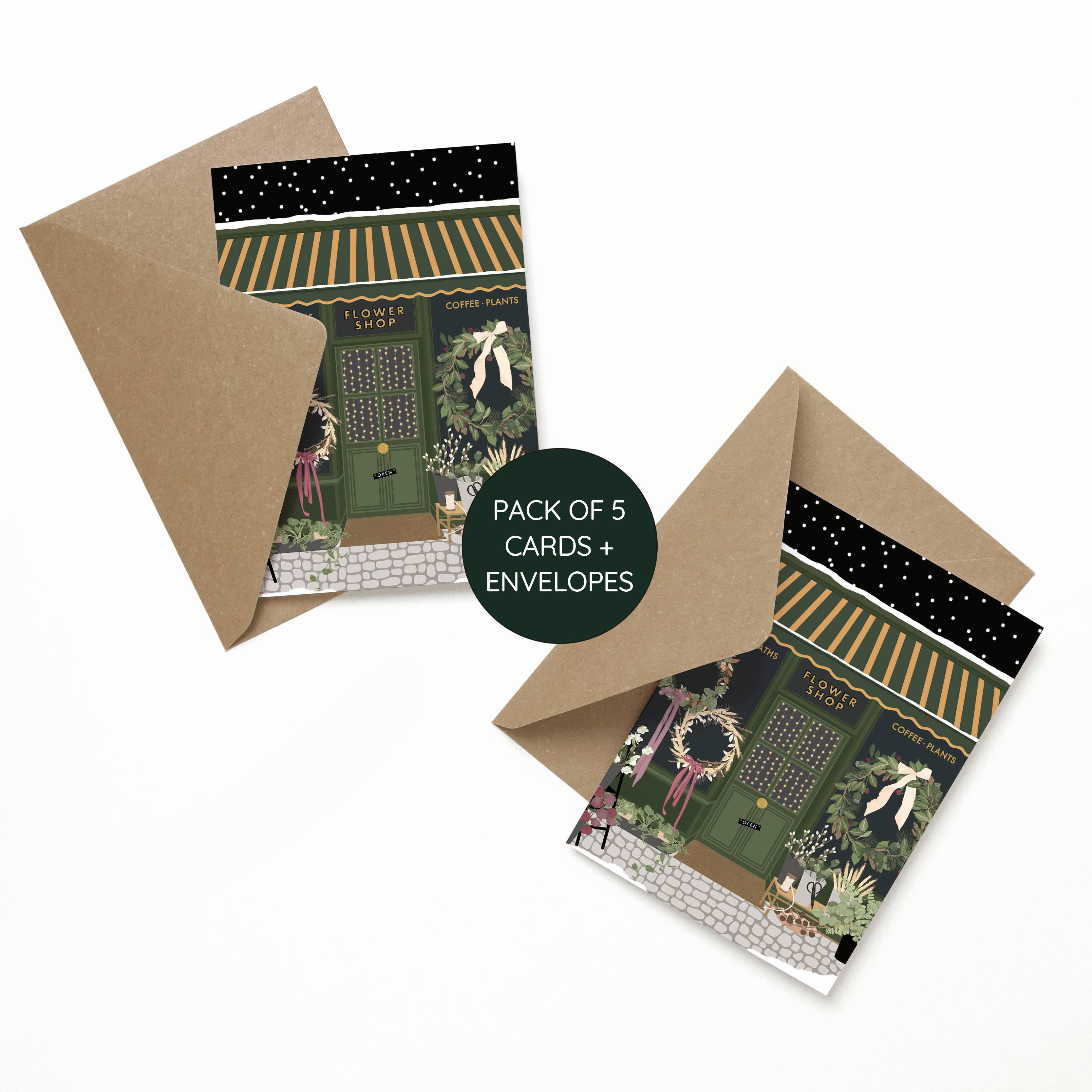 Wildwood Paper – wholesale Christmas card – Flower Shop Winter Florist Window Pack Of 5 Christmas Cards0