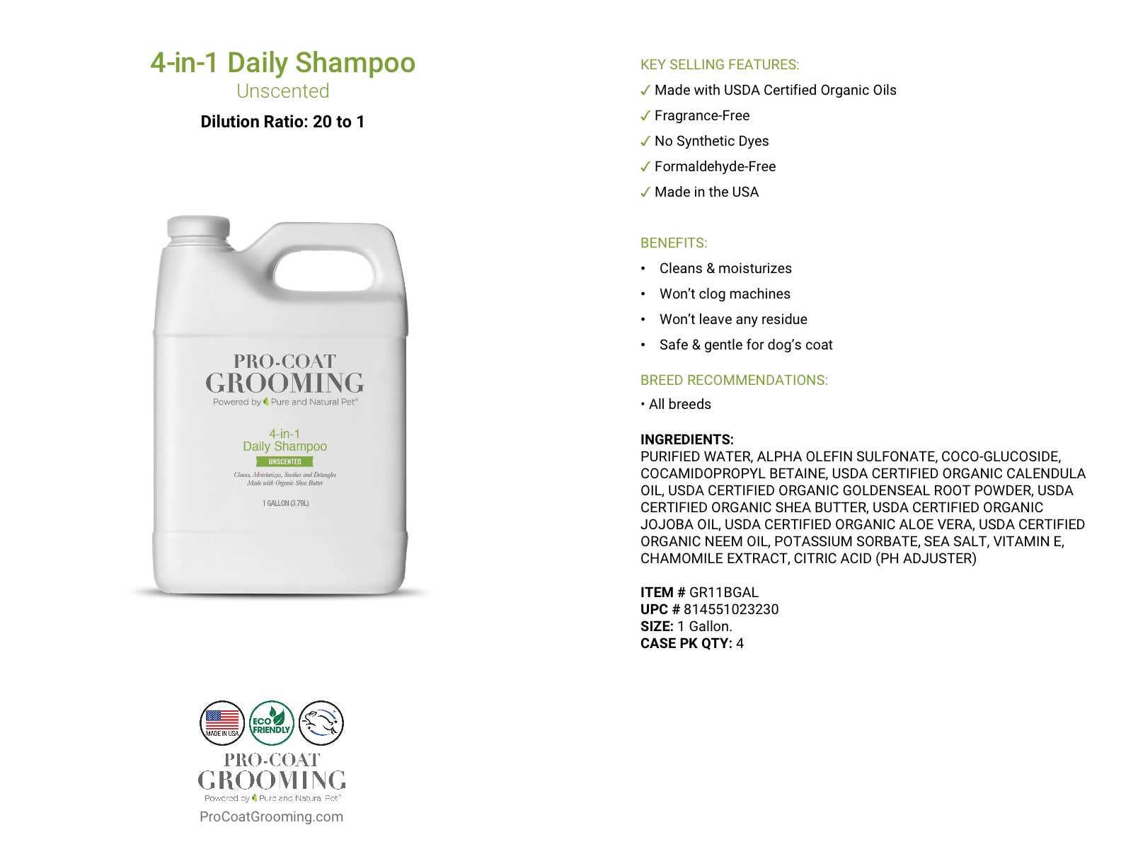 Pure and Natural Pet - Wholesale Pet Shampoo - Dog - 4-in-1 Daily Shampoo for Dogs (Unscented) - 1 Gallon1