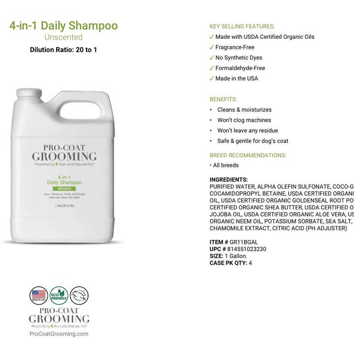 Pure and Natural Pet - Wholesale Pet Shampoo - Dog - 4-in-1 Daily Shampoo for Dogs (Unscented) - 1 Gallon1