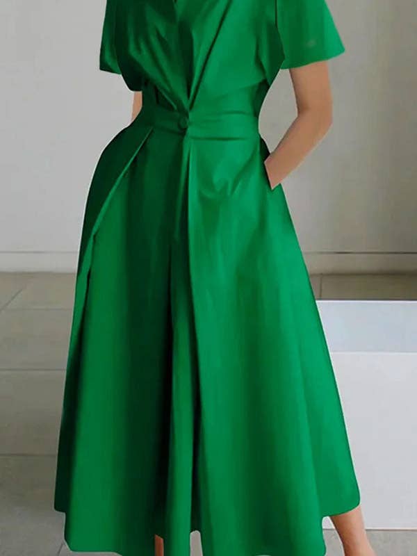 VividLux - Wholesale Dress - Women's - High Waisted Loose Pleated Solid Color V-Neck Midi Dresses6