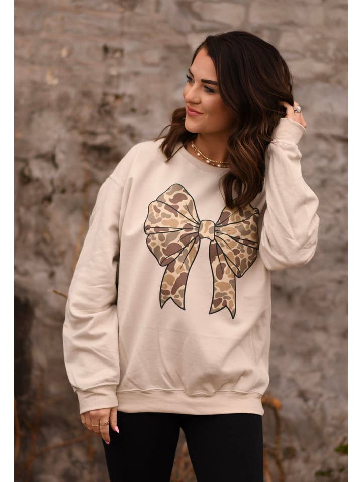 Tan Camo Bow Sweatshirt for wholesale on Faire