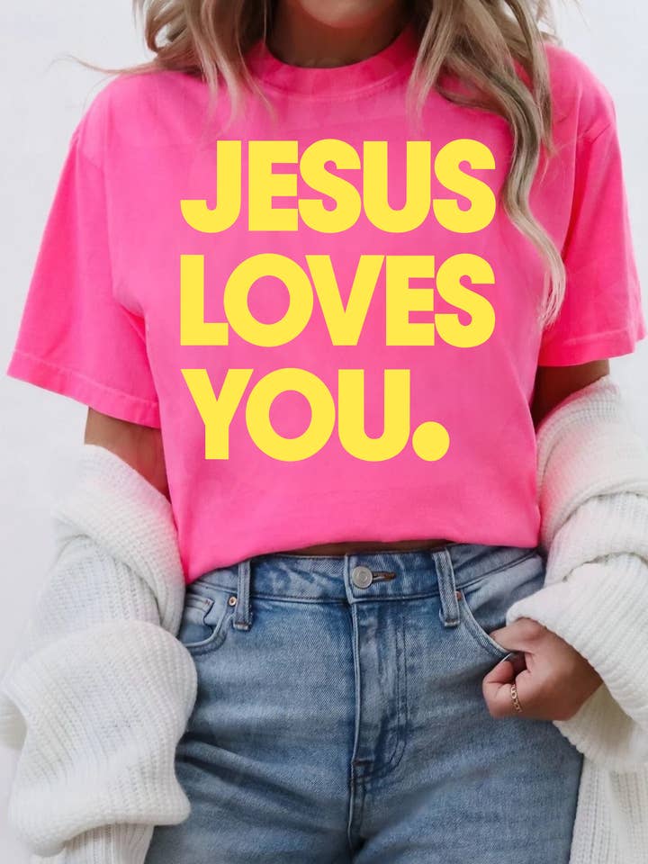 Neon rosa e giallo Gesù mi ama per la vendita all'ingrosso da parte di Altar Call Ranch Co.
