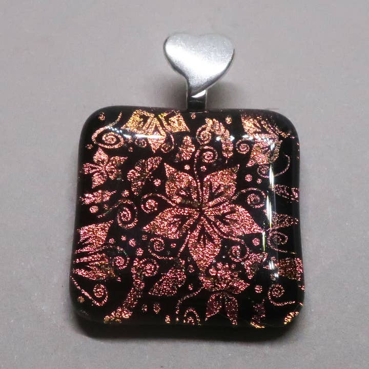 Pink Lily Floral Pattern Fused Dichroic Glass Pendant for wholesale by McCray Studios