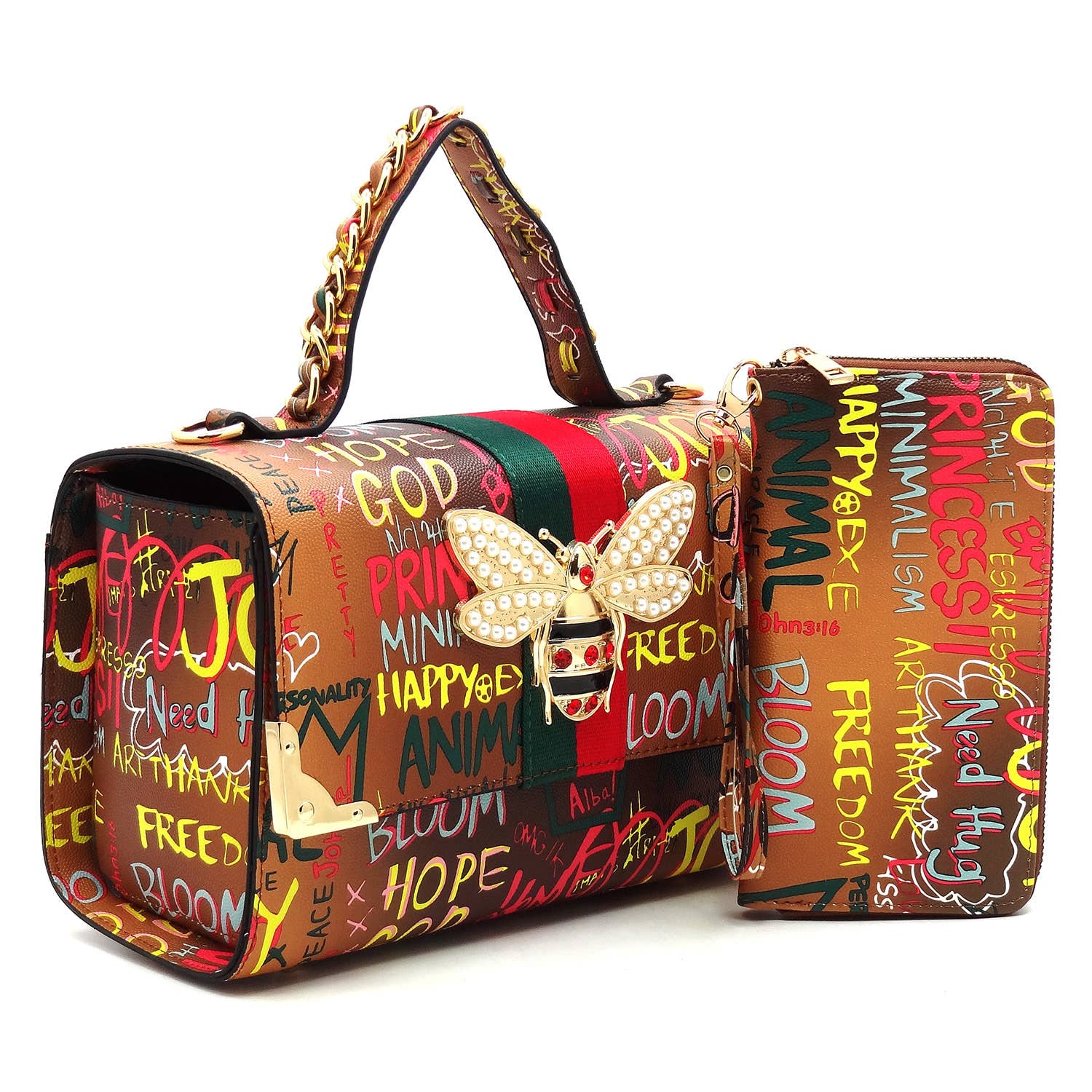 M&M HANDBAGS, LLC. - Vendita all'ingrosso Cartella - Donna - Borsa a mano boxy 2 in 1 con grafismi multicolore e ape regina M&M HANDBAGS1