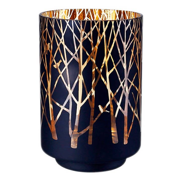 Will's Company - Wholesale Candle Holder - Black & Gold Glass Hurricane with Tree Design - 2 sizes