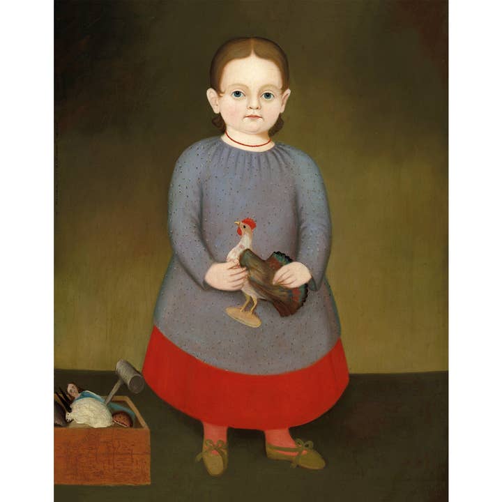 Vintage amerikansk folkekunstportræt, pige med legetøjshane for engroshandel hos Rock Paper Scissors Wall Art