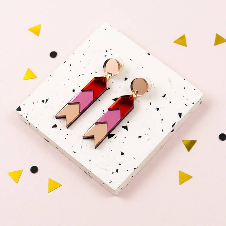 Red & Pink Chevron Acrylic Earrings for wholesale by Laura Danby