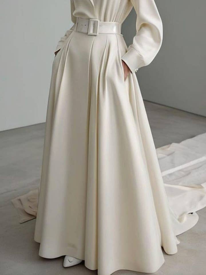 CREAM Long Sleeve No Belt Solid Notch-Collar Maxi for wholesale on Faire