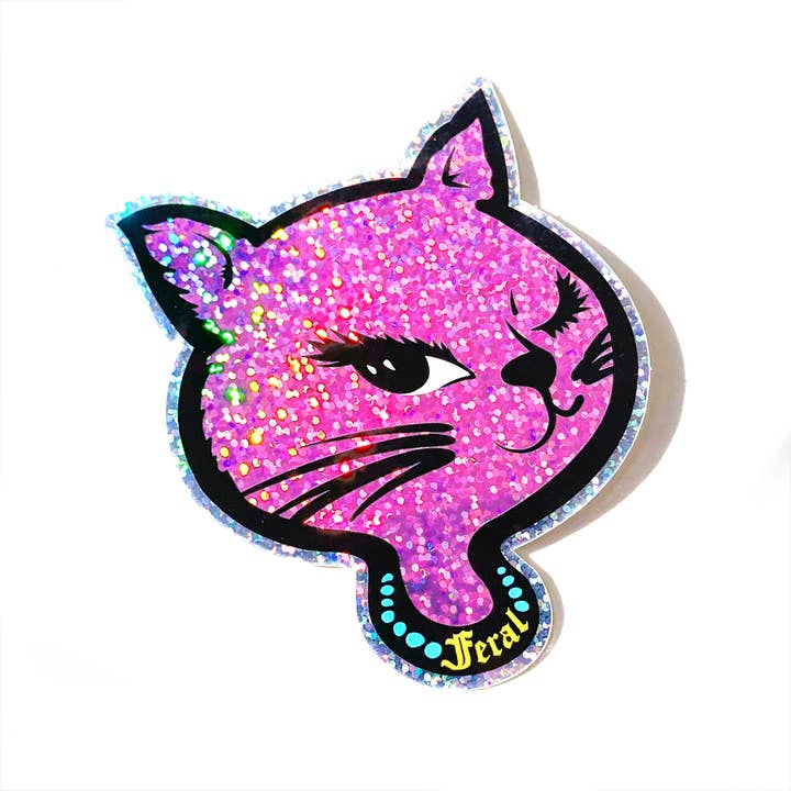 Krystan Saint Cat – wholesale Sticker – Feral 90s Winking Sassy Cat Holographic Glitter Sticker