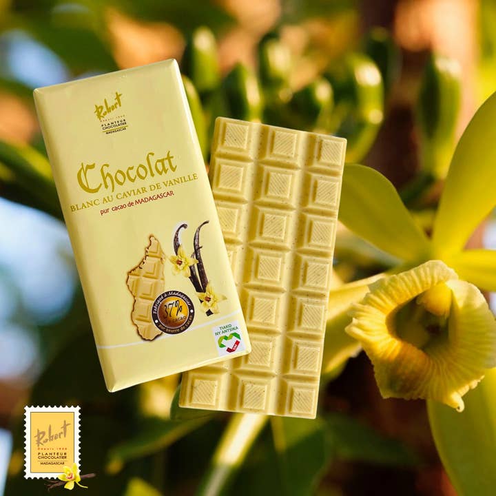 Barretta di cioccolato bianco al 37% con caviale di vaniglia per la vendita all'ingrosso da parte di Chocolaterie Robert MADAGASCAR