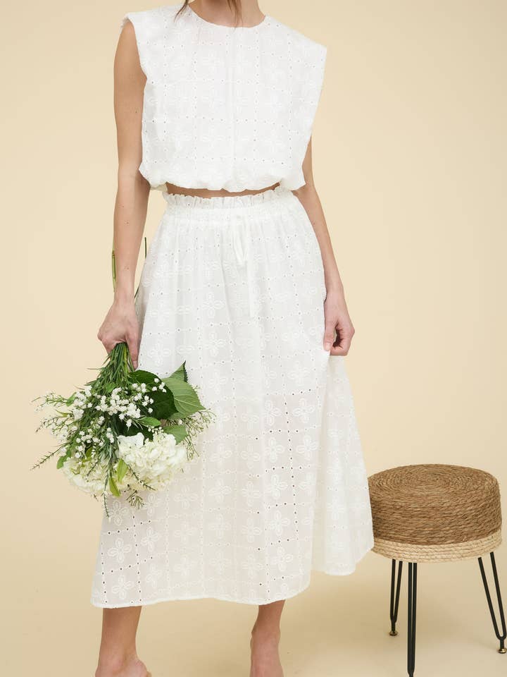 WHITE EYELET RUFFLE DETAIL MIDI SKIRT for wholesale on Faire