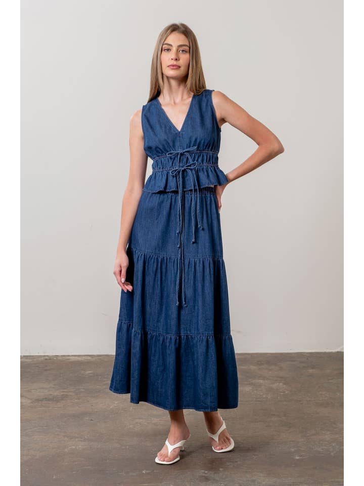 V NECK FRONT TIE DENIM TOP for wholesale on Faire