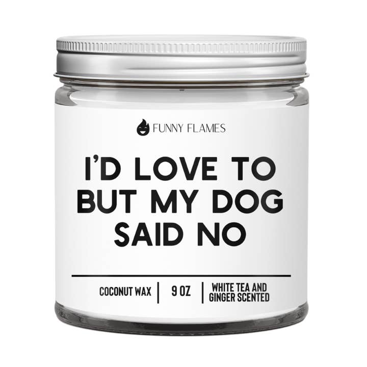 Jag skulle gärna men min hund sa nej – Roligt doftljus med doft av vitt te för hundälskare för wholesale av Funny Flames Candle Co - Les Creme