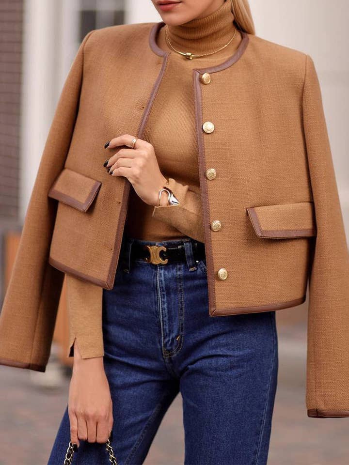 Brown Tweed Round Gold Button Crop Coat Lightweight Tan N5Z573 for wholesale on Faire0