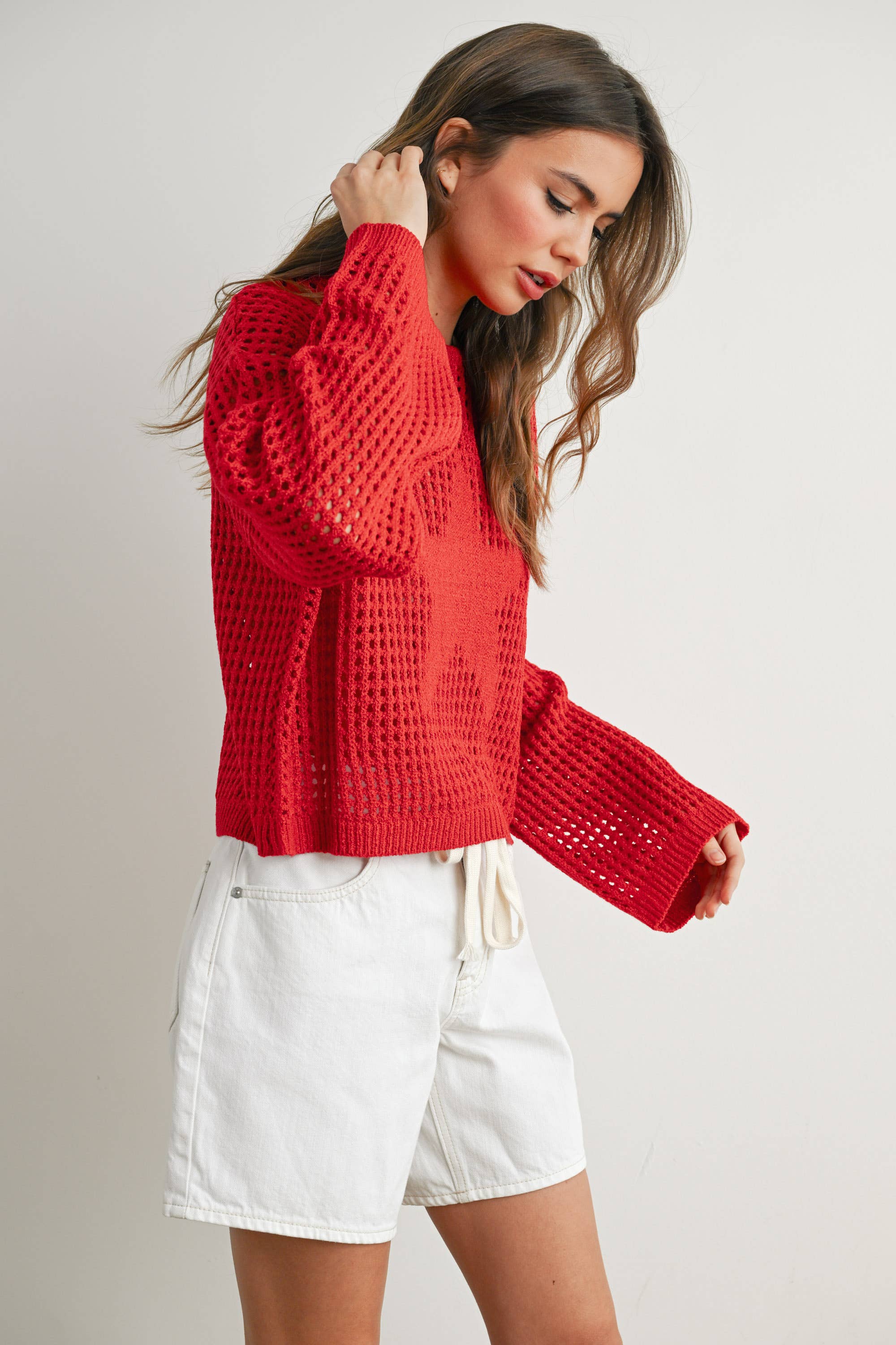 BUTTERMELON - Wholesale Knit Sweater - Women's - Crew Neck Crochet Sweater - BMW763316