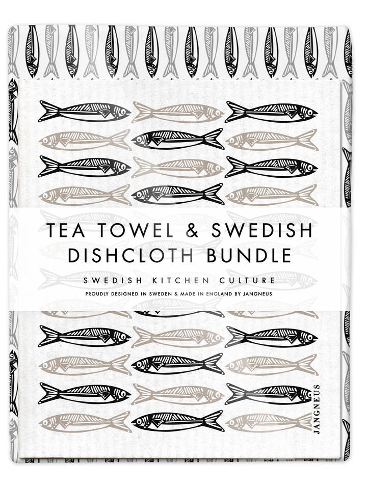 Swedish Dishcloth & Tea Towel Bundle - Sardines - Black for wholesale by Jangneus