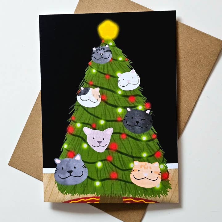 Cat Face Christmas Greeting Card for wholesale by Art By Kay Rae