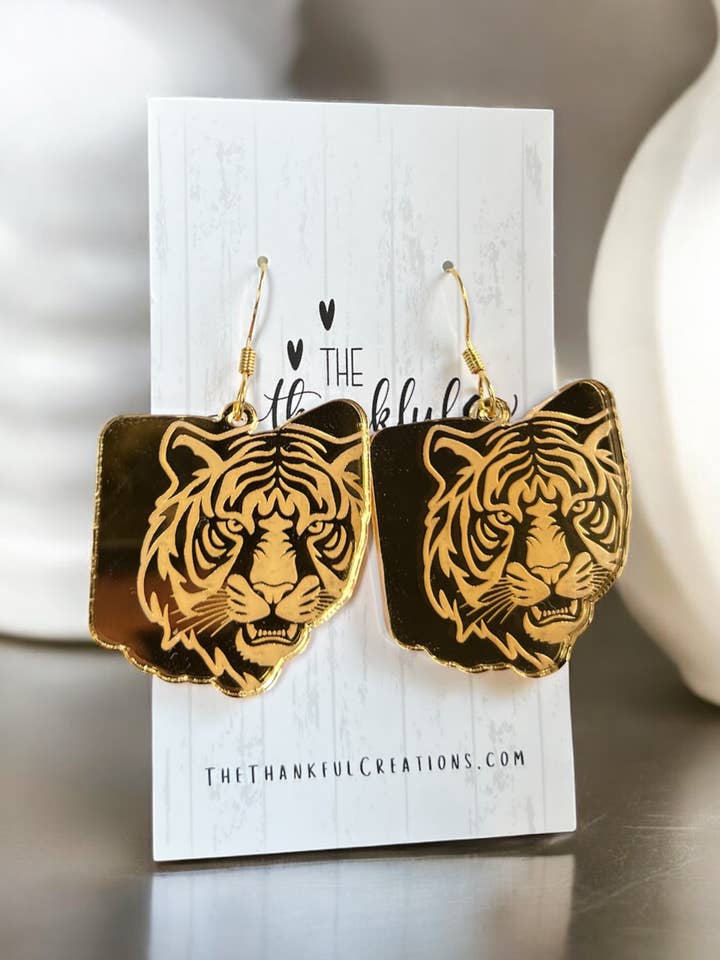 Cincinnati Tiger Earrings – Gold Mirror Acrylic Game Day for wholesale by The Thankful Creations LLC
