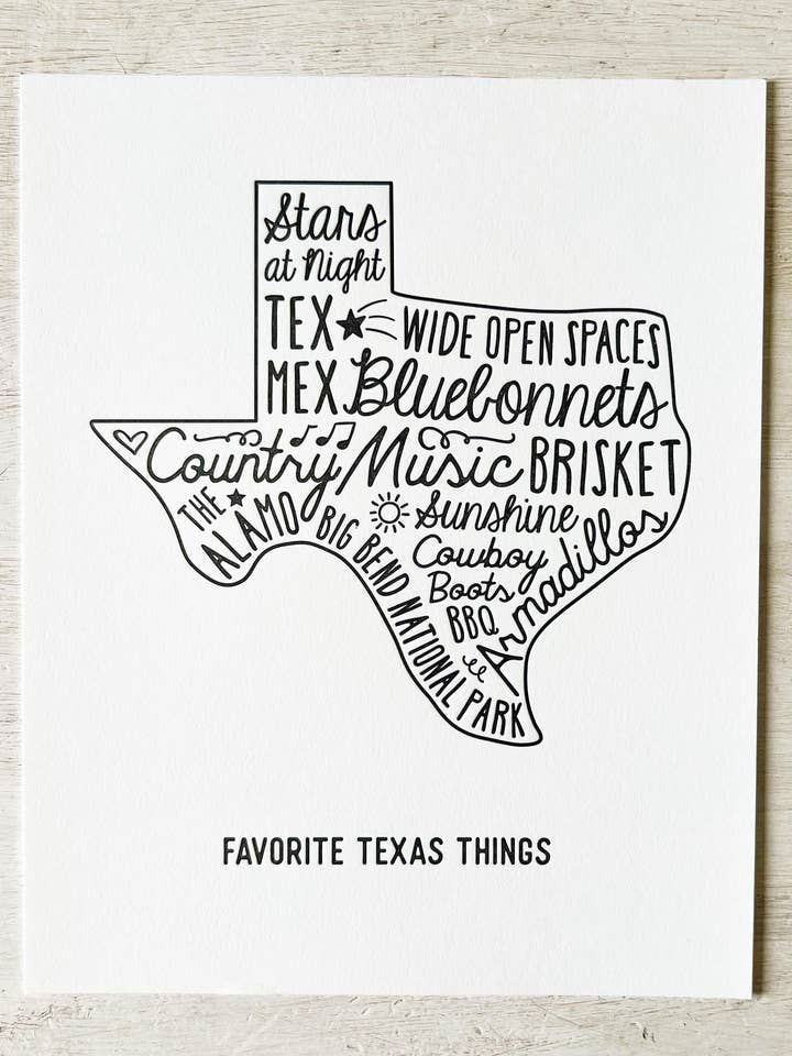 Fun Texas Things Wall Art – Handmade Letterpress Print 8x10 for wholesale by Spicewood & Rose Press