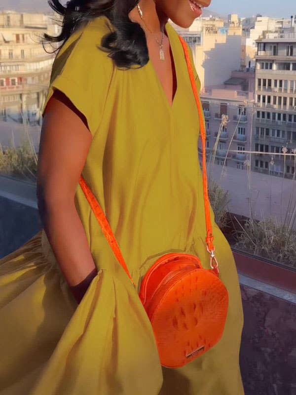 Chicto - Wholesale Dress - Women's - Loose Short Sleeves Pleated Pockets Solid Color Split-Joint V-Neck Maxi Dresses6