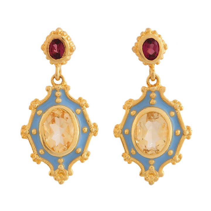 Pendiente de esmalte chapado en oro con granate y citrino, Accesorios, Joyería para venta al por mayor de Misteerious Seed