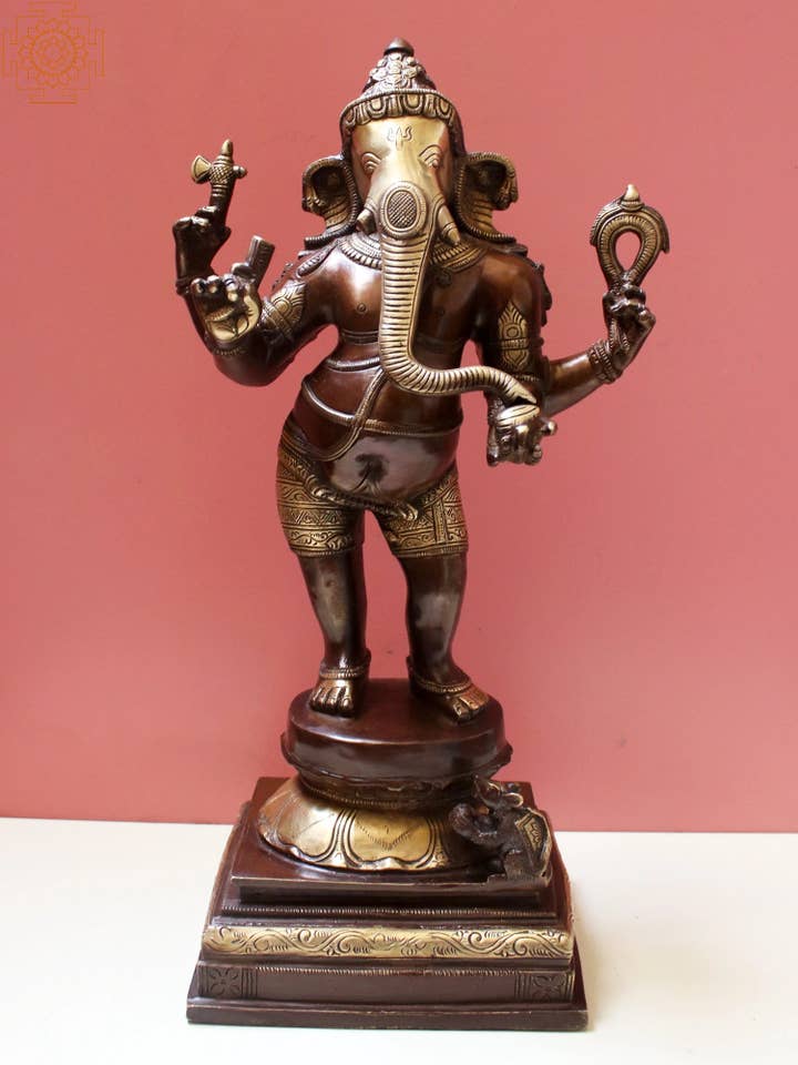 Seigneur Ganesha debout de 17 pouces | Fait main | Sculpture en laiton pour la vente par Exotic India Art
