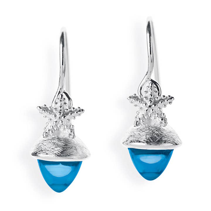 Boucles d'oreilles Seadrop en forme d'étoile de mer en argent et zirconium bleu pour la vente par Heartbreaker designd by Drachenfels