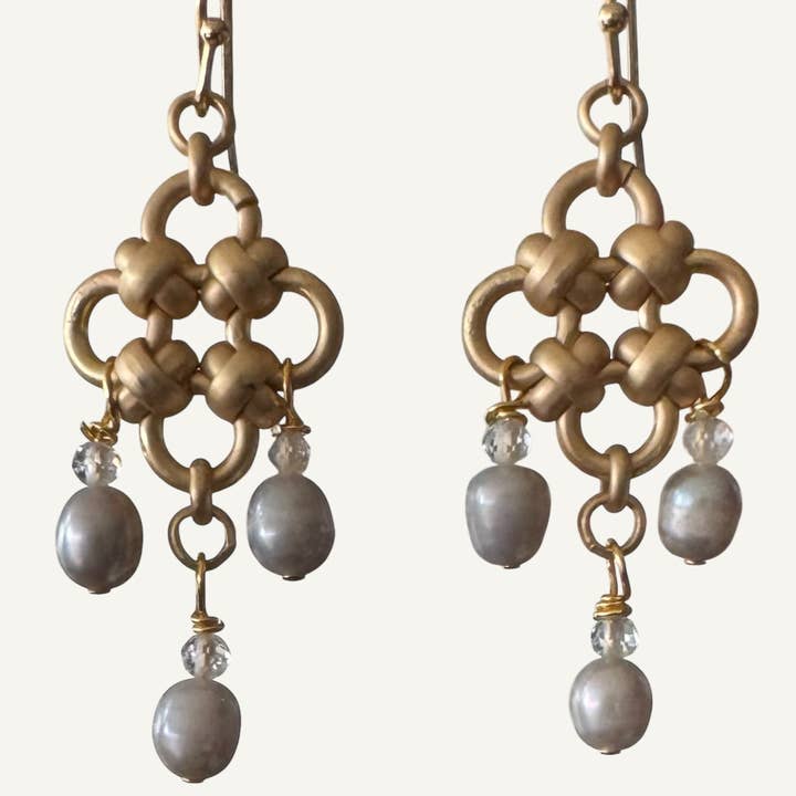 Handmade golden chain with pearl earrings for wholesale by Silver Sparrow Jewelry