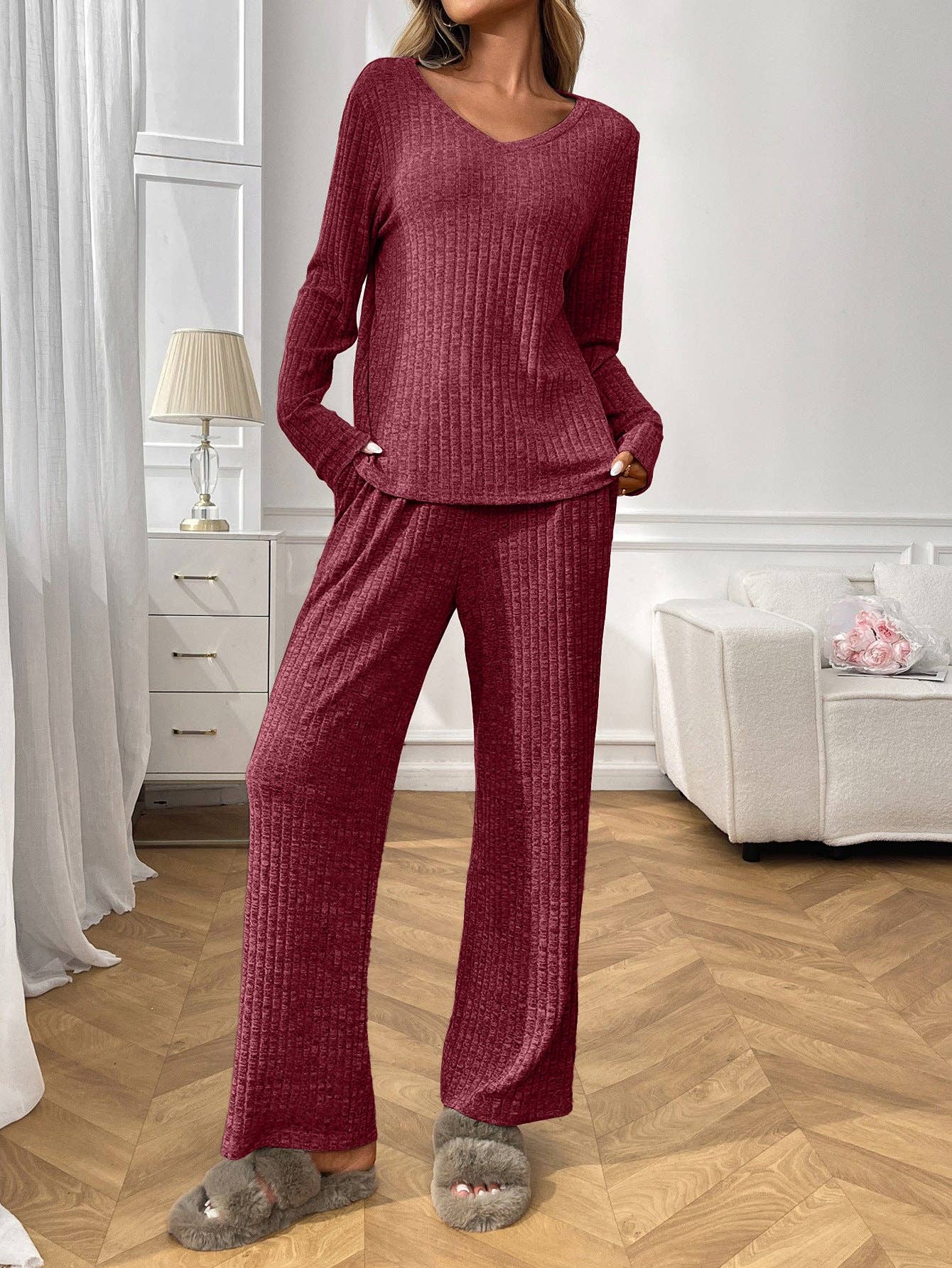 Lovesoft - Wholesale Lounge Set - Women's - Ribbed Knit Lounge Set with V Neck and Wide Pants11